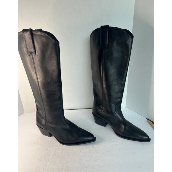 NWT Zara Western Cowgirl Black Leather Tall Knee High Zip Boots Sz 9 - Picture 2 of 11